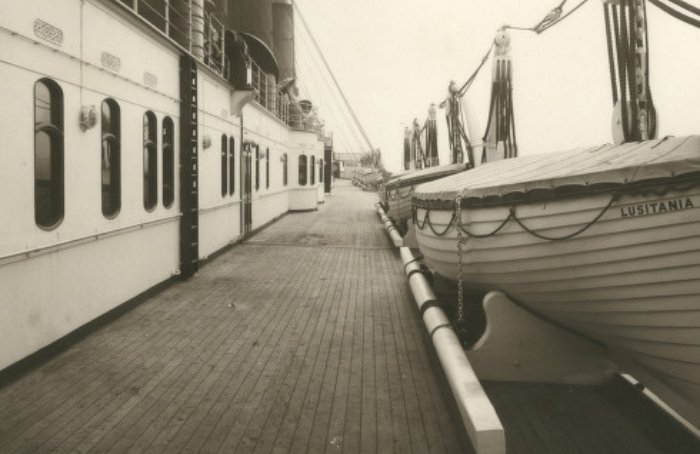 Grayscale Close Up Photo of Boat deck of RMS Lusitania