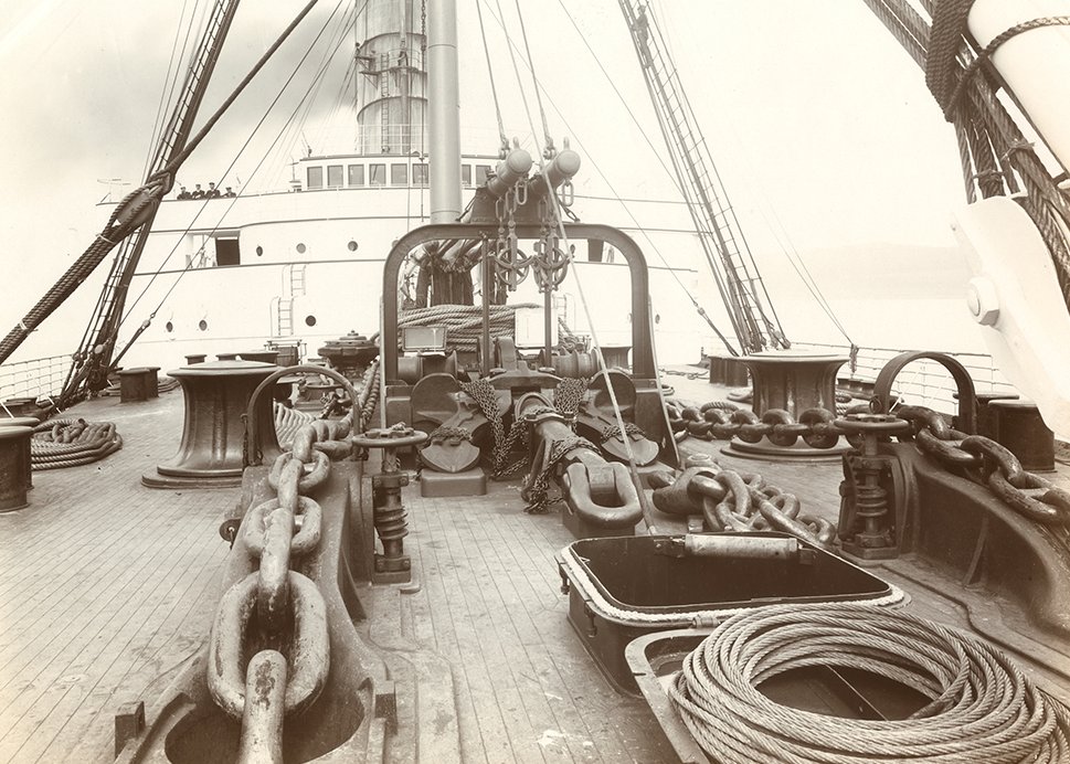 Deck equipment and navigation bridge on RMS Lusitania.