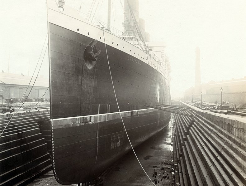 Front view of RMS Lusitania on stocks