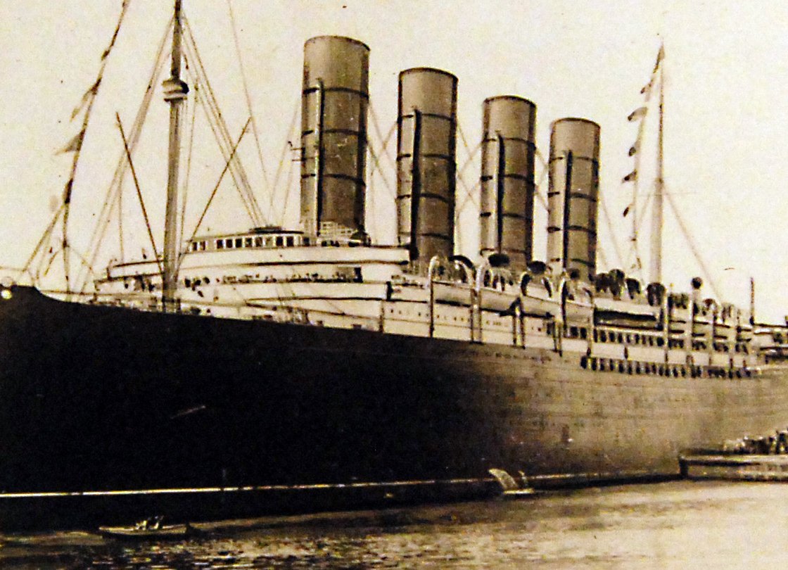 RMS Lusitania warping into doc after record breaking run from Queenstown, Ireland, to New York City, New York, September 13, 1907