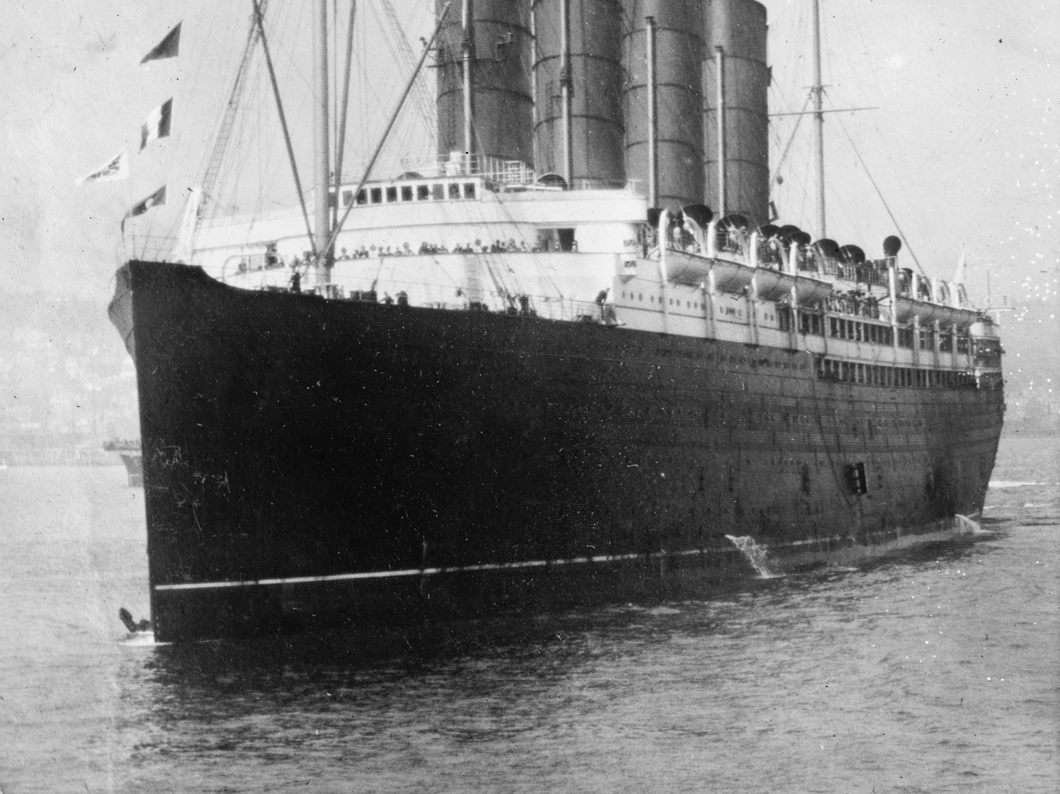RMS Lusitania Bow And Portside, Out In Harbor