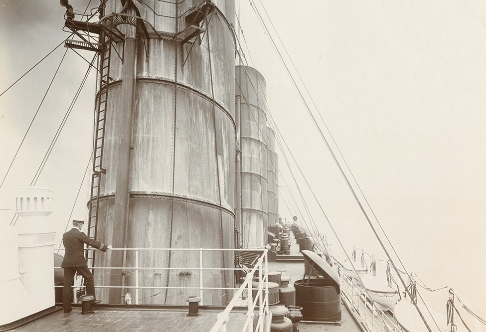 Officer standing on the navigation bridge at the RMS Lusitania