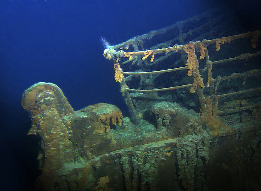 The bow of the RMS Titanic as it sits under the water.