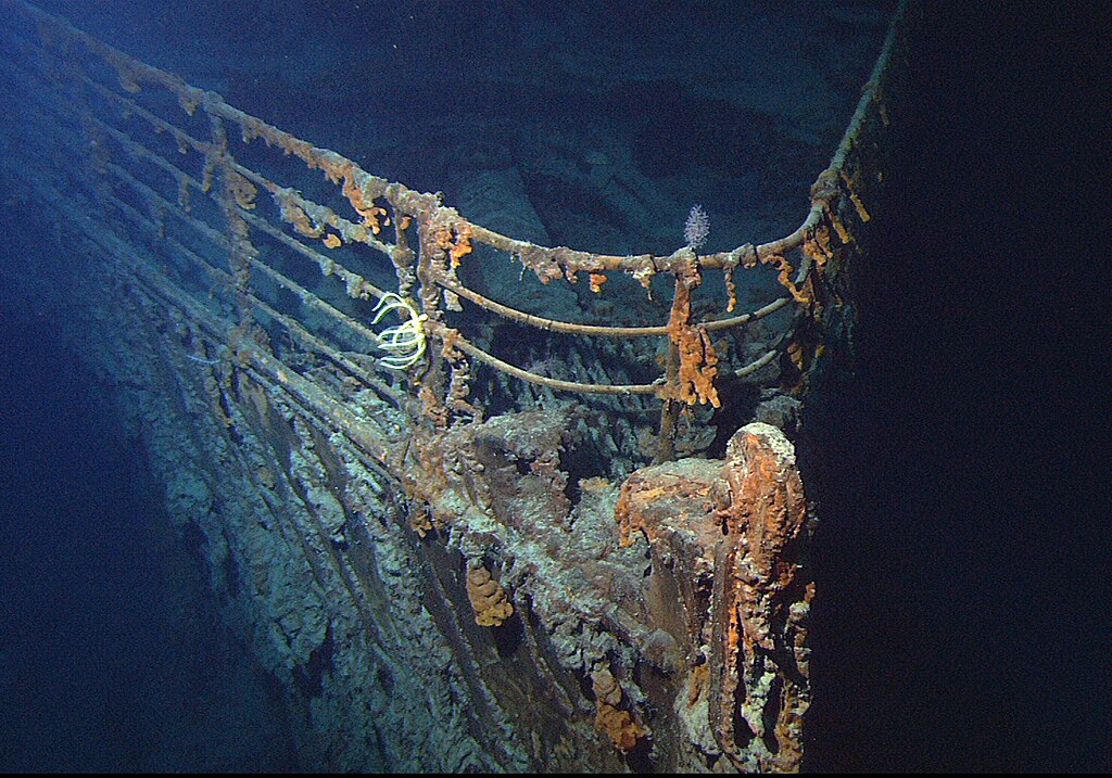 The bow of the RMS Titanic as it sits under the water.