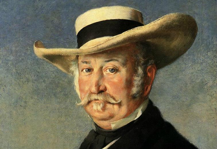 Portrait of John Sutter wearing a hat