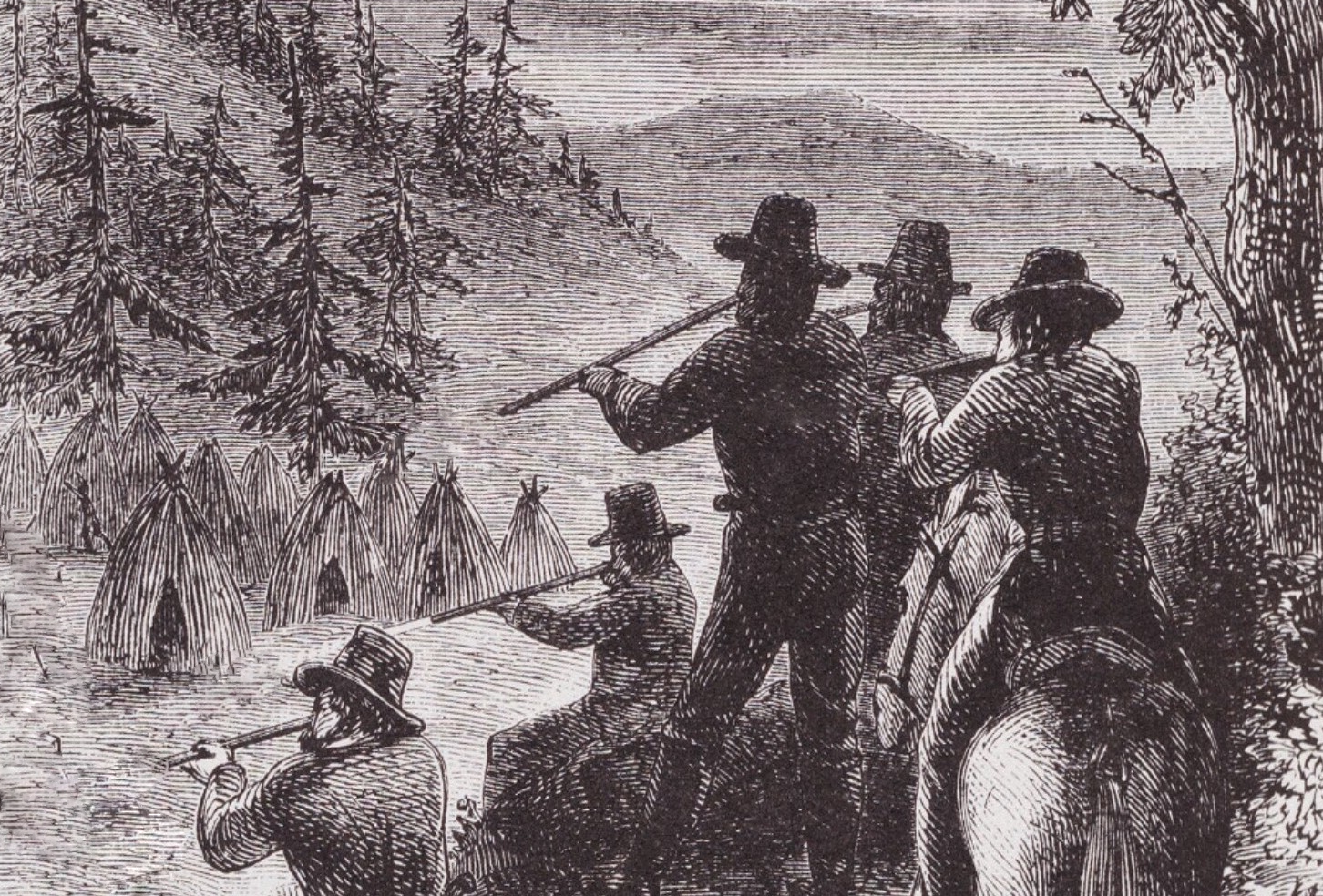 Illustration of gold miners taking out native Americans