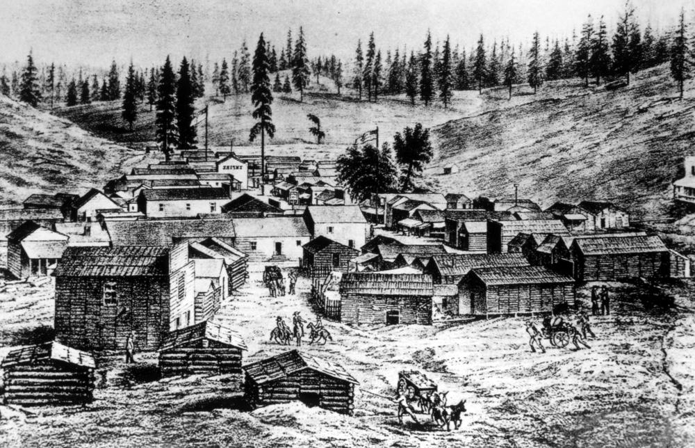 An illustration of the town of Dry Diggings