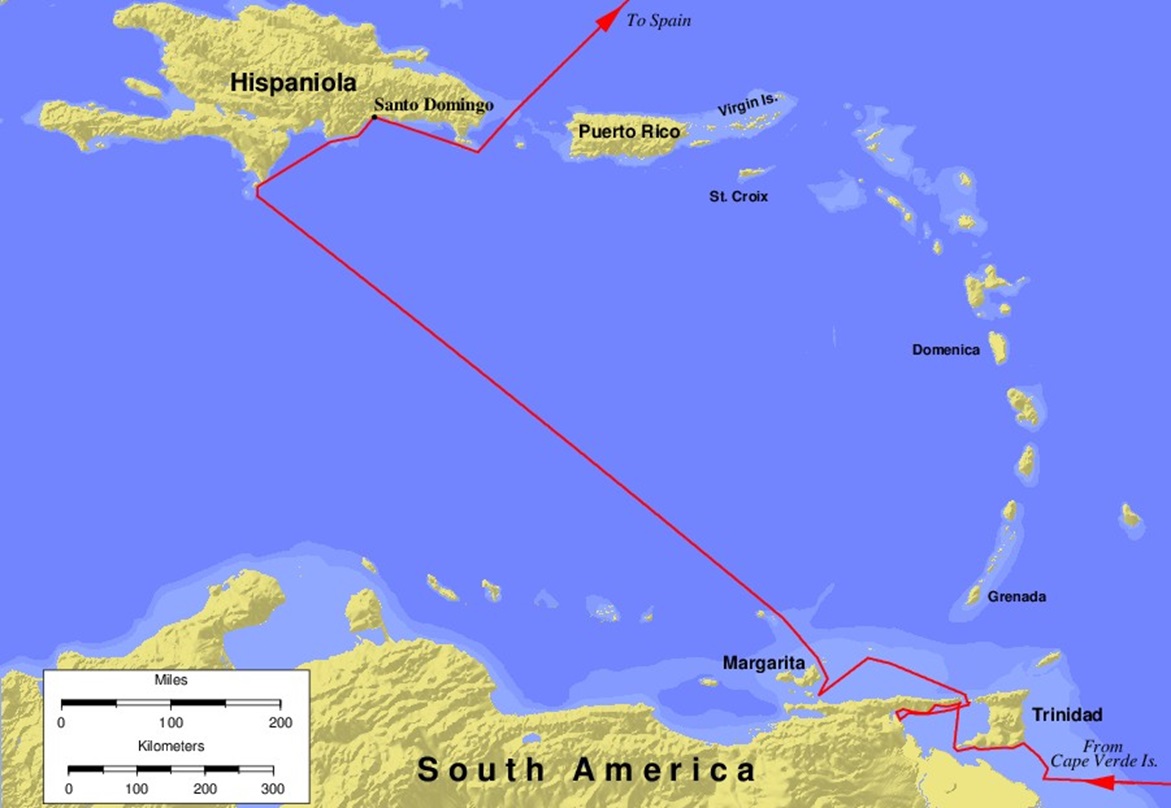 Map of the third voyage of Christopher Columbus, 1498-1500.