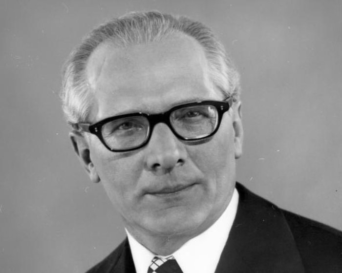 Grayscale Portrait Photo of Erich Honecker in a dark suit