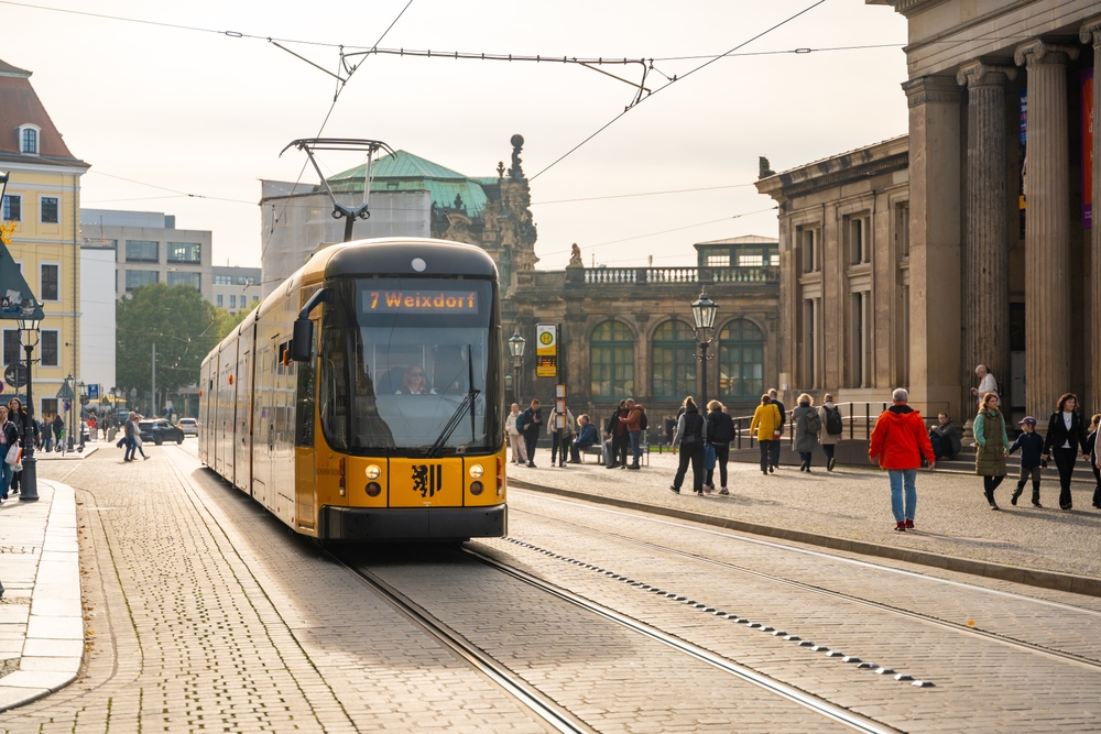 Tram approaching a stop in the center of Dresden Germany
