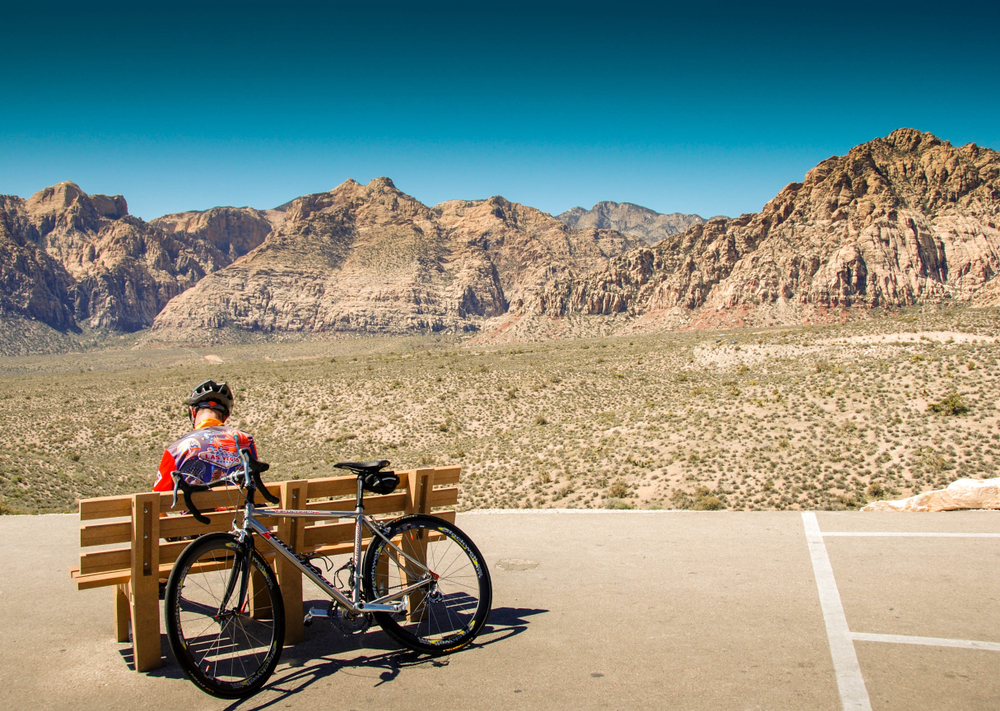 Cyclist resting on a wooden bench