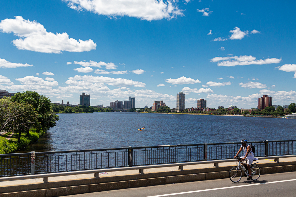 Person riding a bicycle in Boston, Massachusetts