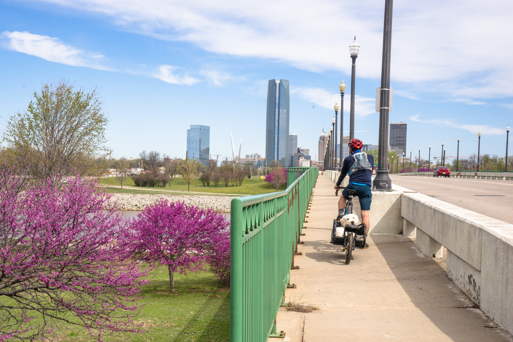 River trail bike path with Oklahoma city skyline