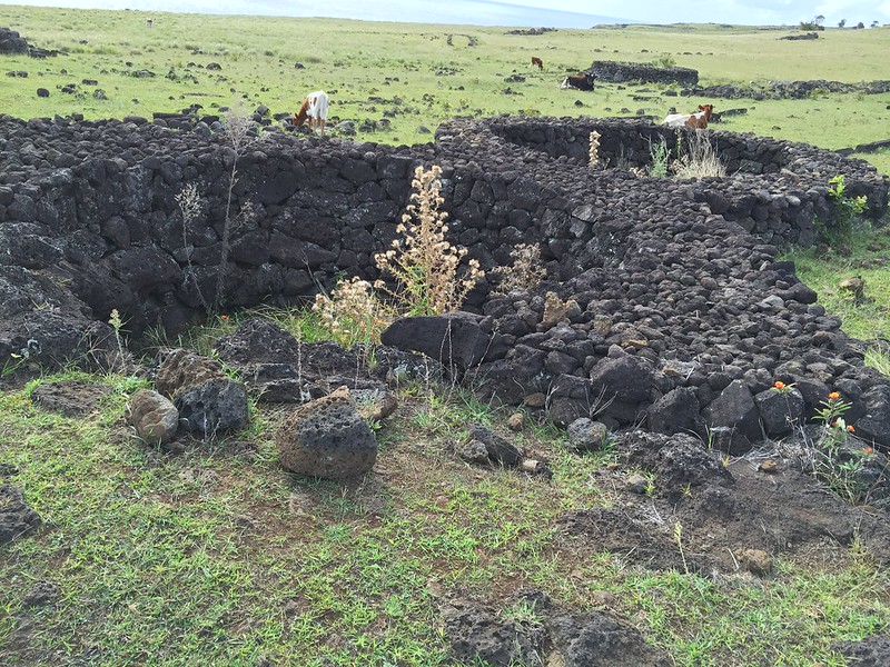 This image shows an ancient stone structure on Easter Island, possibly a house or ceremonial site