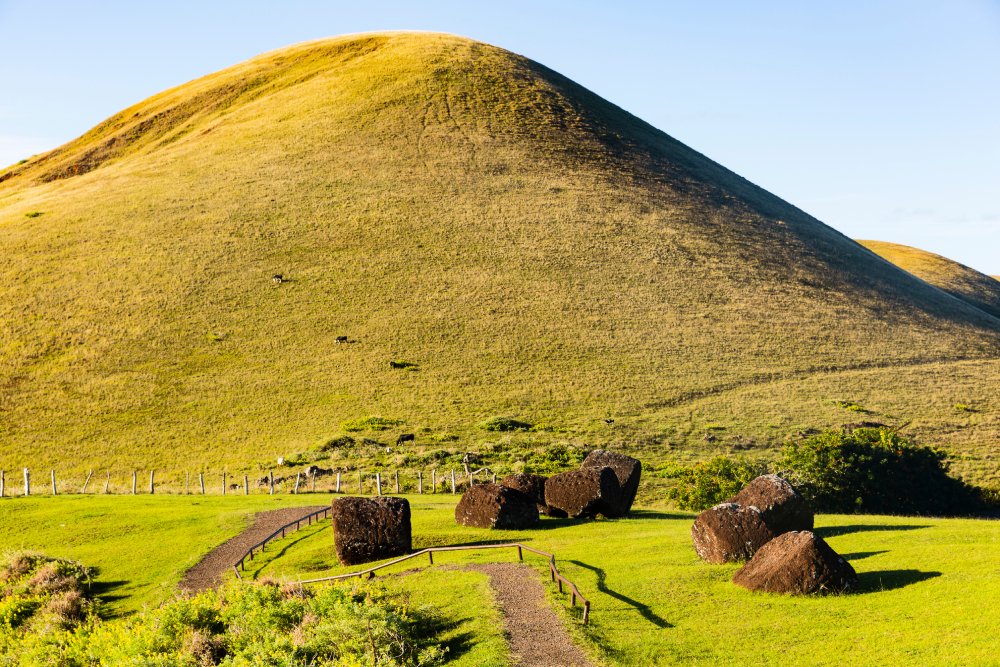 This image shows the Puna Pau quarry on Easter Island, where the famous red pukao (hats) for the moai statues were carved