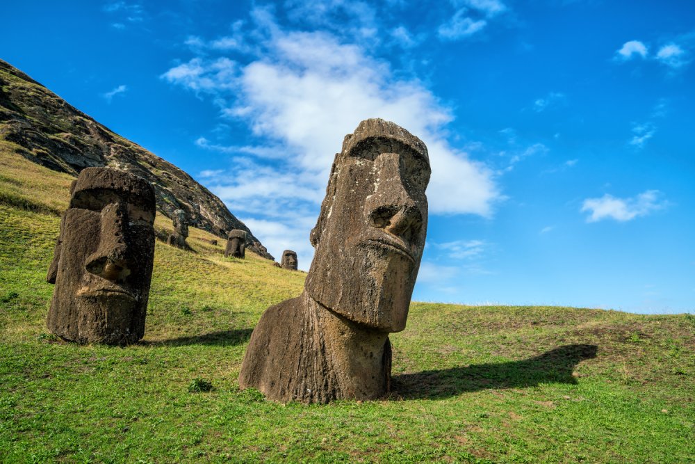 A group of moai statues stand partially buried in a grassy field on Easter Island (Rapa Nui)