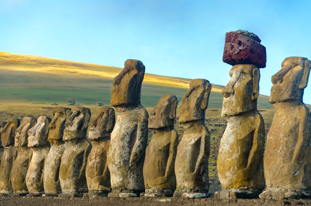 Closeup of a row of Moai at Ahu Tongariki on Easter Island in Chile