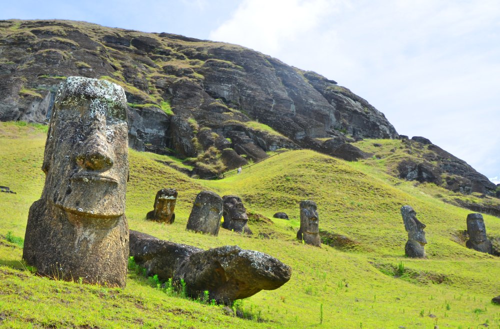 A group of moai statues stand partially buried in a grassy field on Easter Island (Rapa Nui)