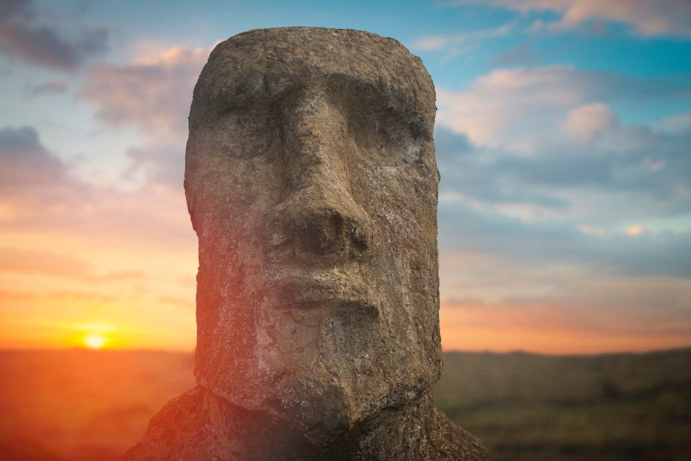 A close-up of a moai statue on Easter Island