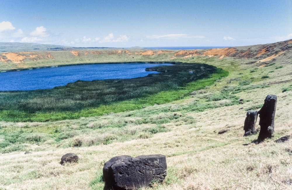 This image showcases the breathtaking beauty of Rano Kau, a volcanic crater lake on Easter Island