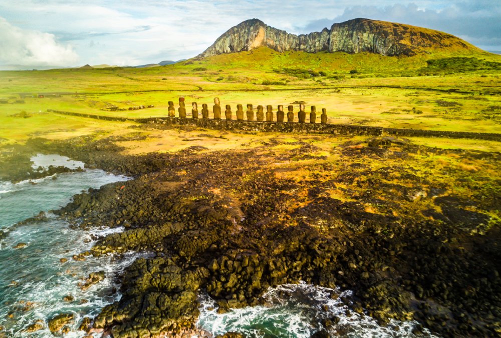 An aerial view over Ahu Tongariki, the most amazing Ahu platform on Easter Island