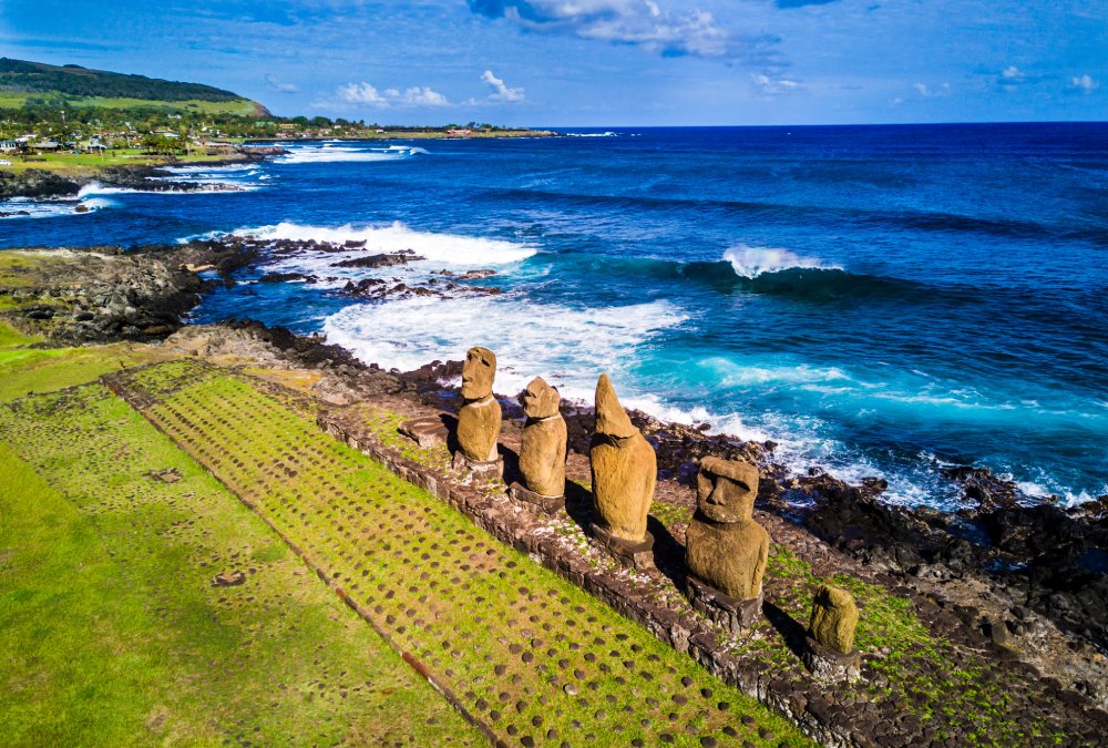 An aerial view over Ahu Vai Uri the most famous sunset at Easter Island