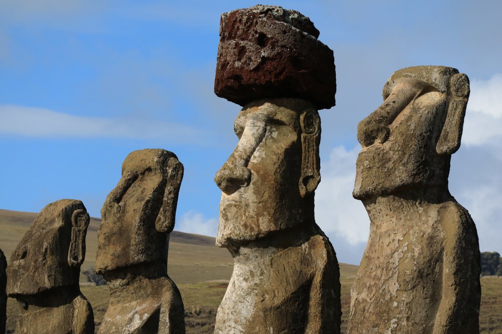 A group of moai statues stand partially buried in a grassy field on Easter Island (Rapa Nui)