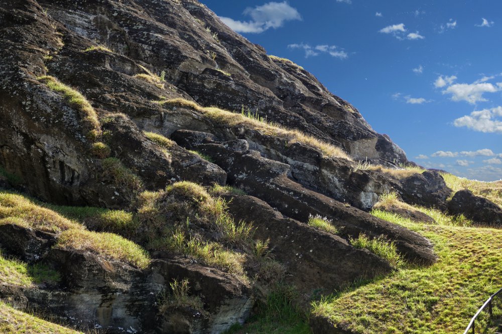 Unfinished Moai stone statue at the Ranu Raraku vulcano stone quarry on Easter Island