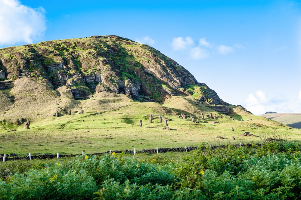 This image shows the Rano Raraku quarry on Easter Island, where the famous moai statues were carved.