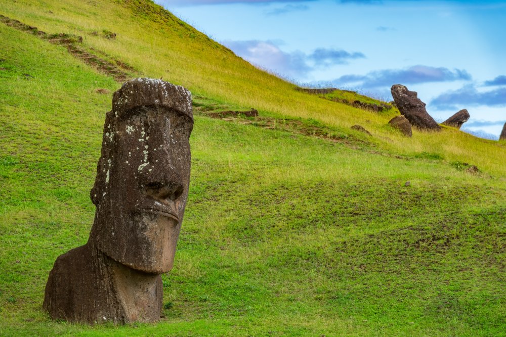 A group of moai statues stand partially buried in a grassy field on Easter Island (Rapa Nui)