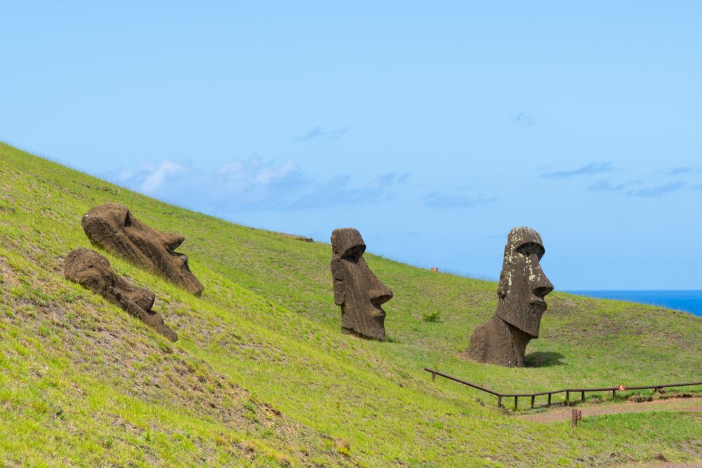 Moai heads on the slope of Rano Raraku on Easter Island (Rapa Nui)