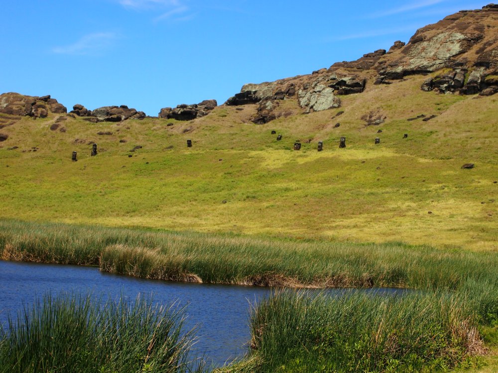 This image showcases a serene landscape on Easter Island with a tranquil lake
