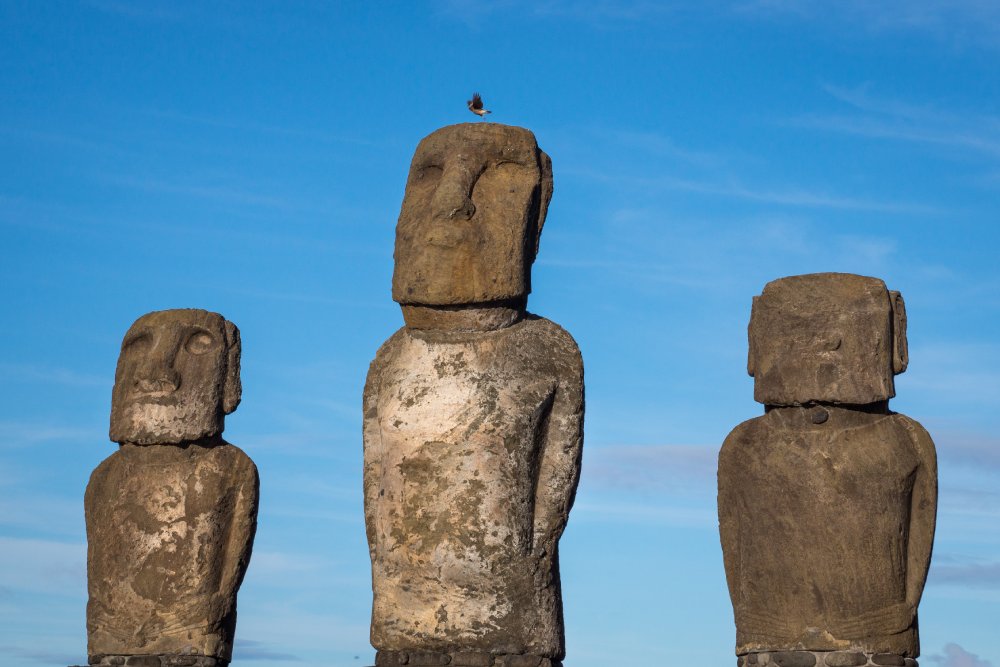 Three moai statues stand tall on Easter Island, Clear Sky in the Background