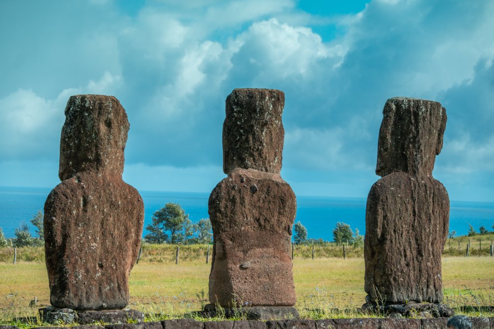 Three majestic moai statues stand tall on Easter Islandv