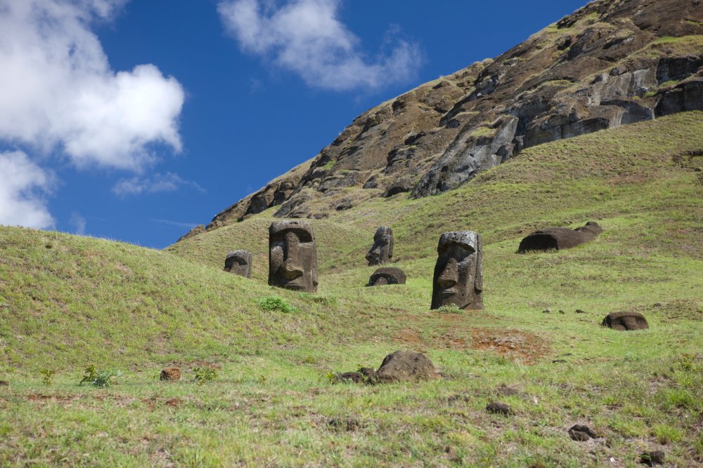 A group of moai statues stand partially buried in a grassy field on Easter Island
