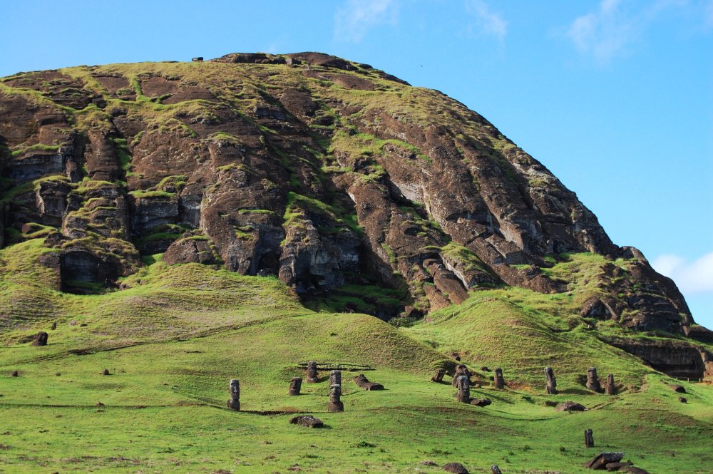 This particular location is likely Rano Raraku, the quarry where the moai statues were carved.