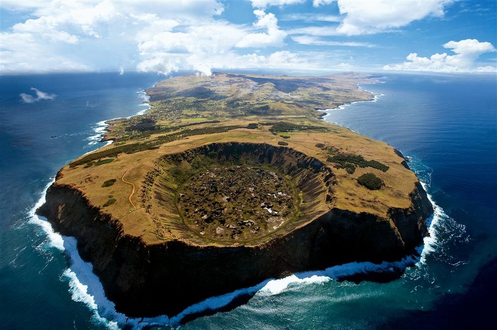 An aerial view of Easter Island (Rapa Nui) reveals its unique volcanic landscape.