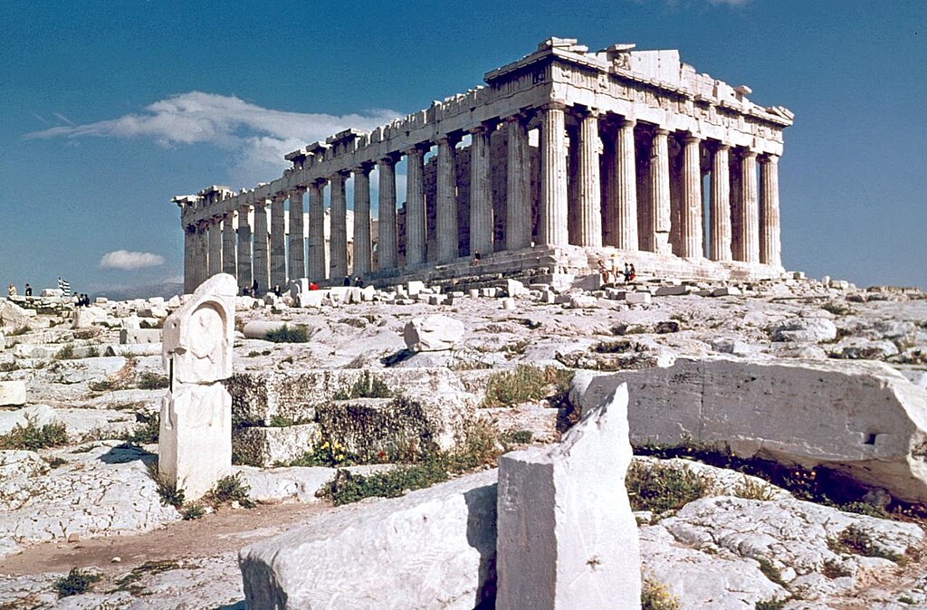 The image depicts the iconic Parthenon, a majestic temple dedicated to the goddess Athena