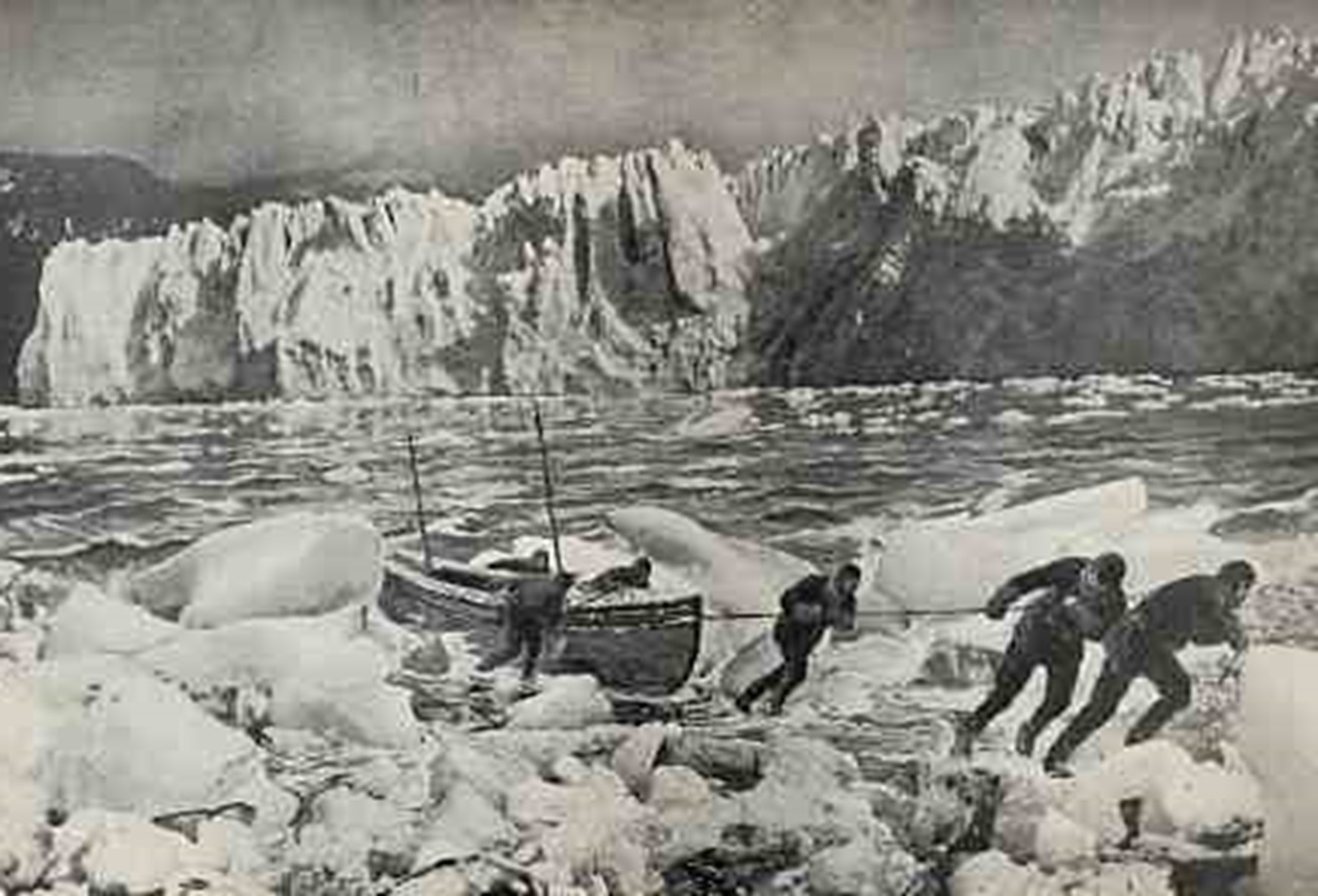 A depiction of the James Carid boat party landing at South Georgia, 10 May 1916