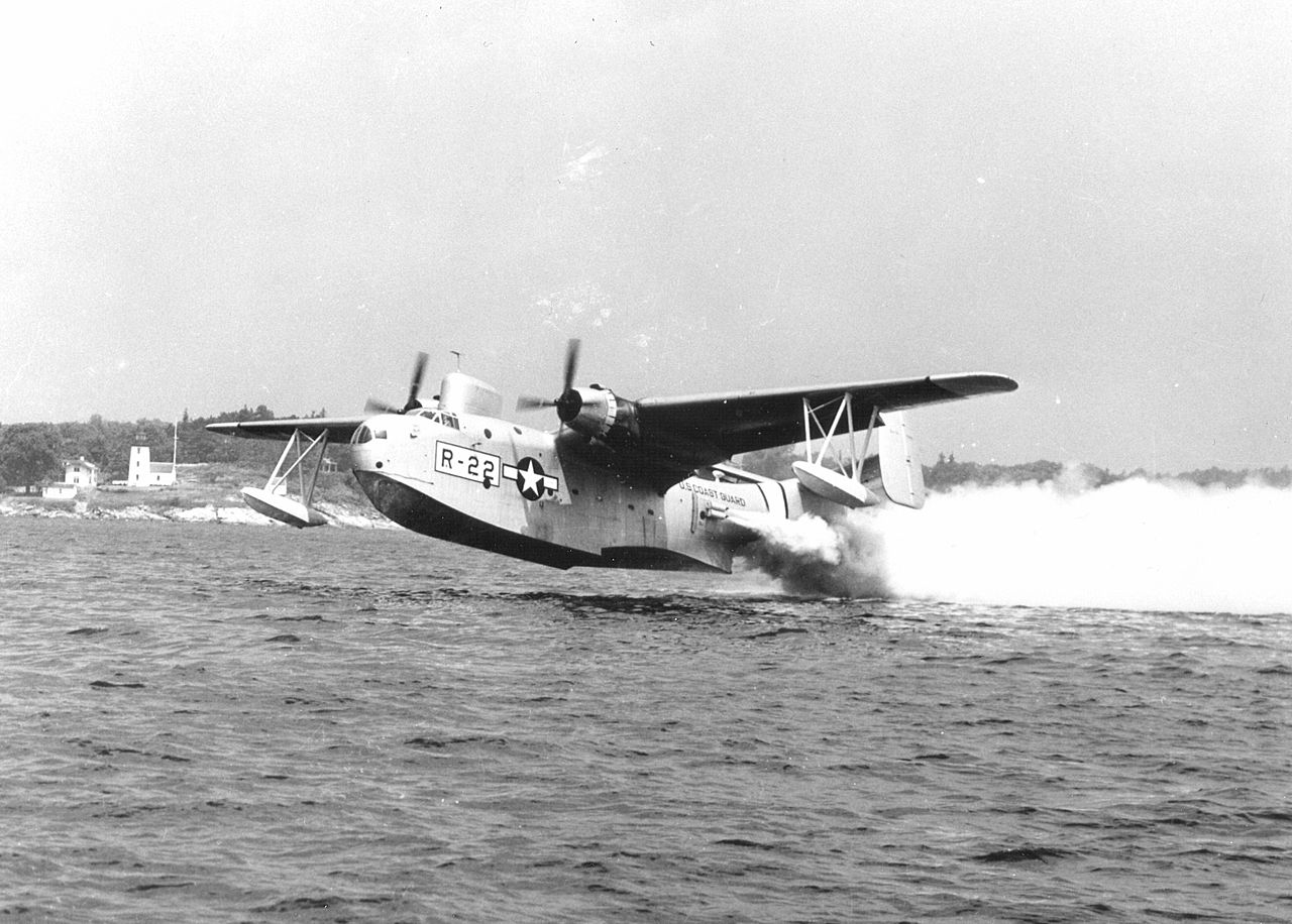 Coast Guard Martin PBM-3G or PBM-5G Mariner taking off from the water