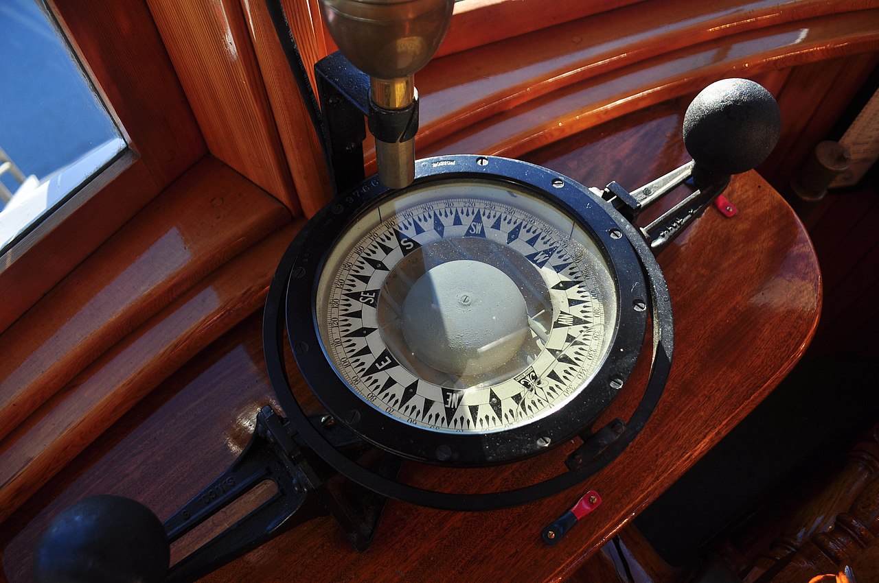 Compass in the wheelhouse of the Virginia V ship.