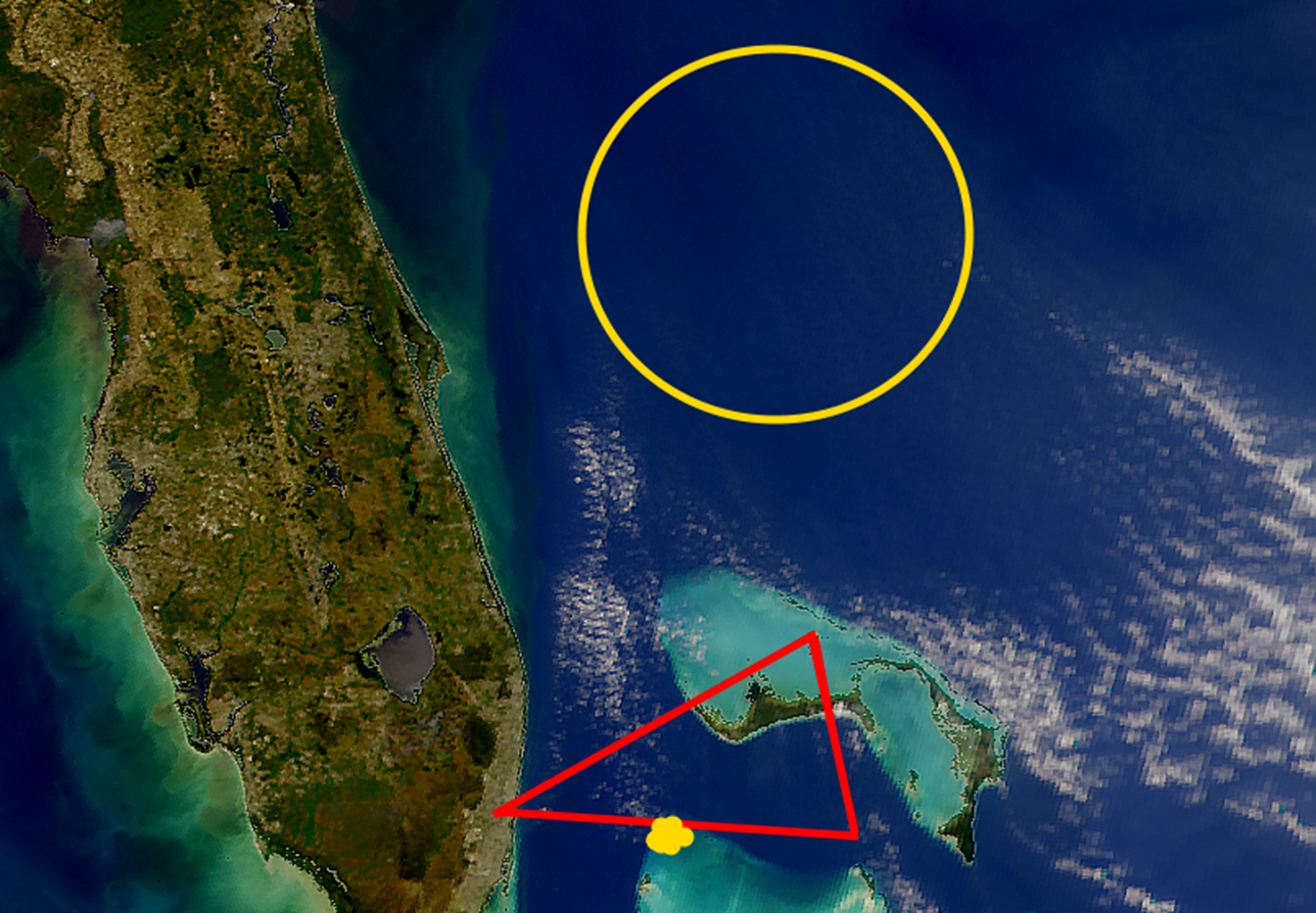 Flight 19. Red: planned route, yellow points. excercise bombing, yellow circle: vanishing of flight 19.