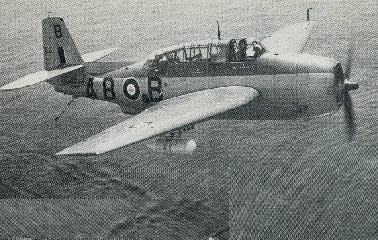 A General Motors A.S.4 Avenger drops its arresting hook and prepares to land aboard HMCS Magnificent.