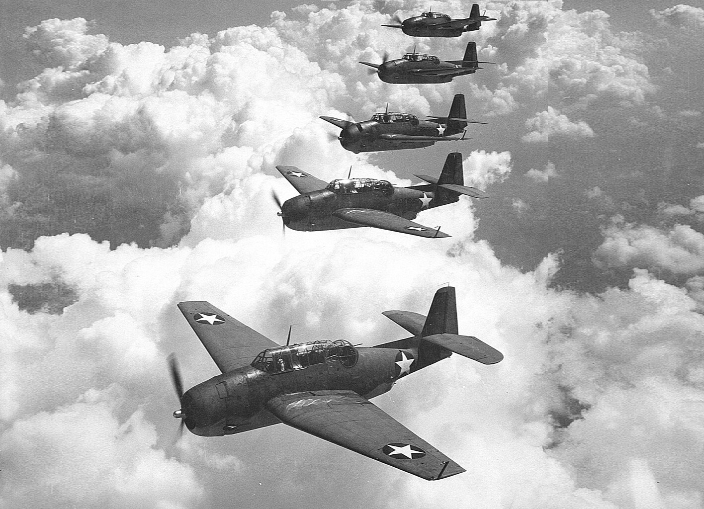 Five U.S. Navy Grumman TBF-1 Avengers from Escort Scouting Squadron
