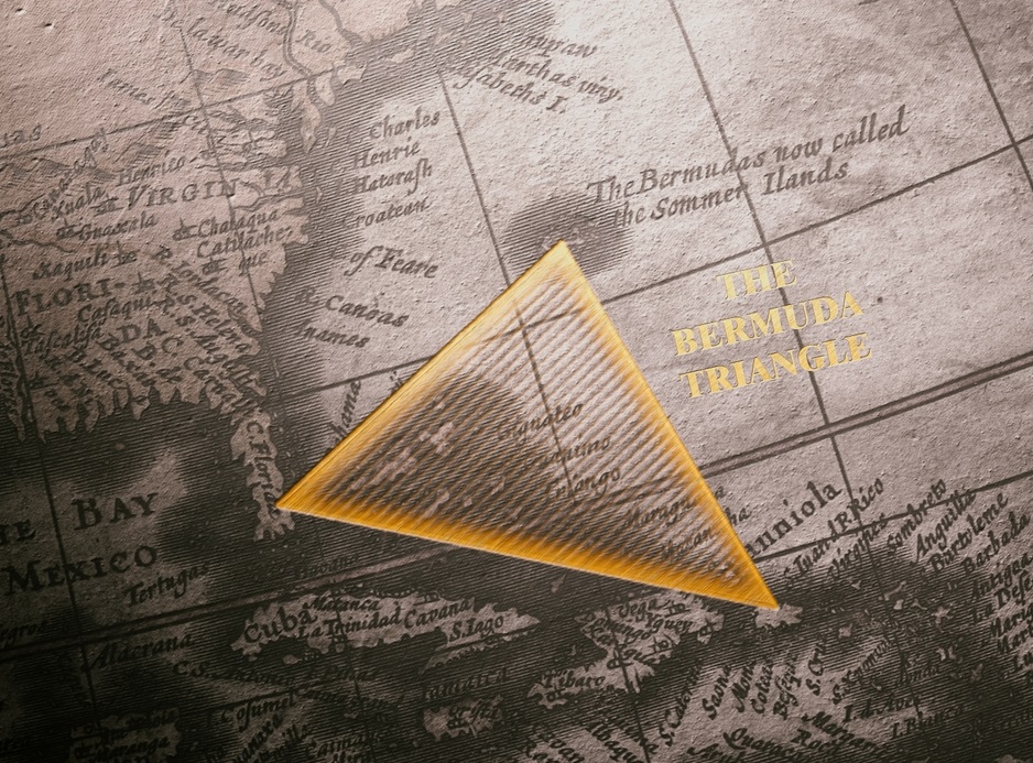 A meticulously detailed old map featuring the Atlantic Ocean prominently marks the mystifying Bermuda Triangle