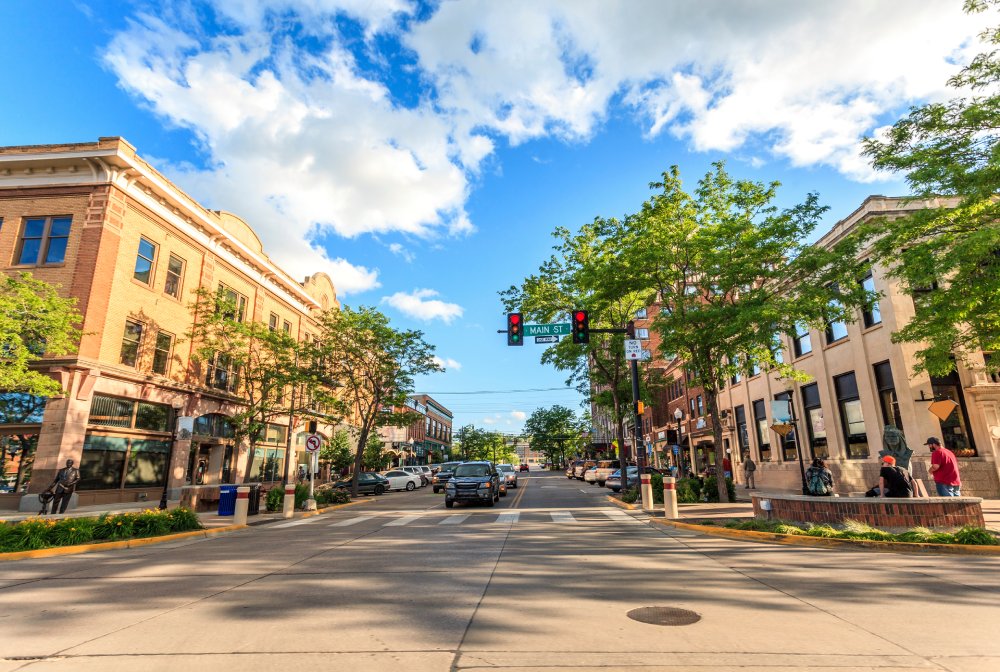Street Photo of Rapid City in South Dakota, USA. Cloudy Sky in the Background.