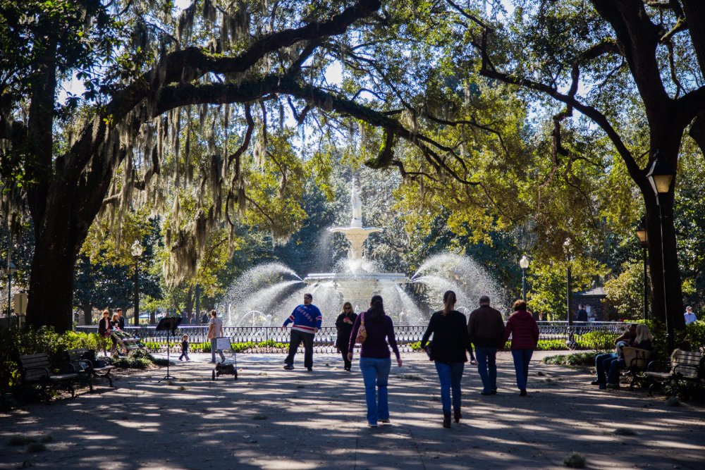 Main fountain in the entrance of the park in Savannah Georgia