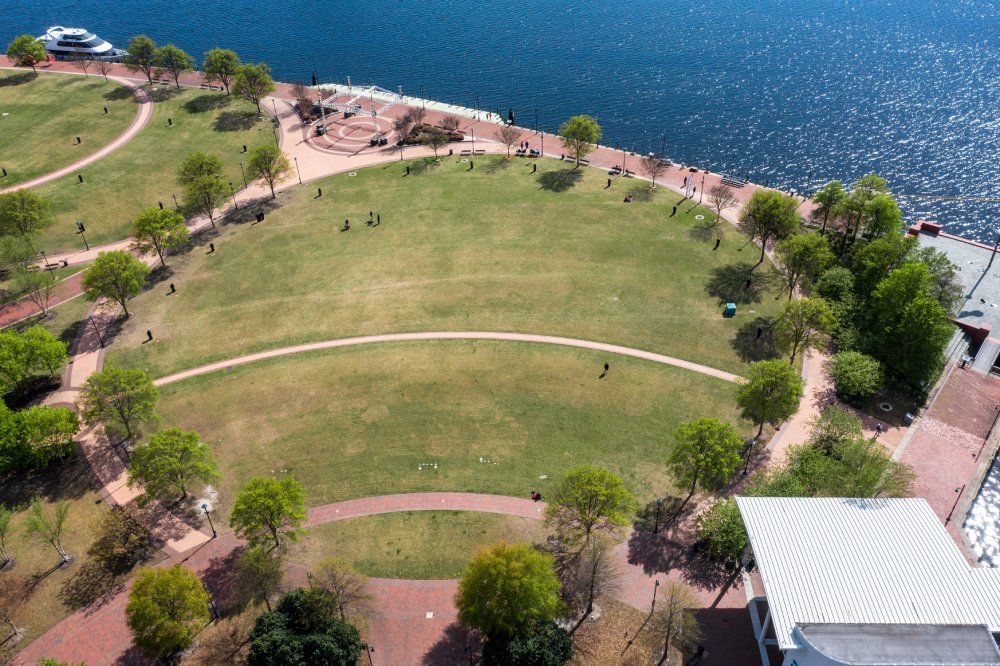 Aerial view of Town Point Park in Norfolk Virginia USA.