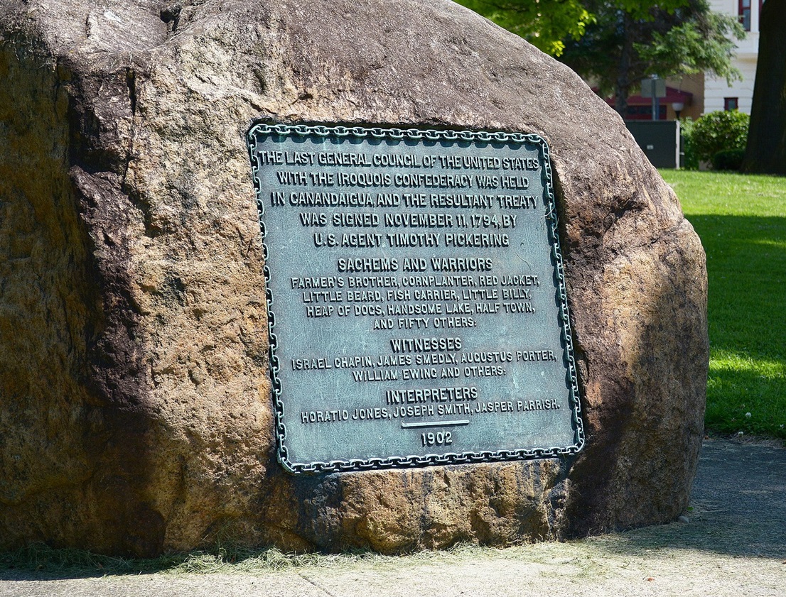 Boulder on the lawn of the Ontario County Courthouse, Canandaigua NY, placed there in 1902 by Dr. Dwight R. Burrell to commemorate the 1794 Treaty of Canandaigua