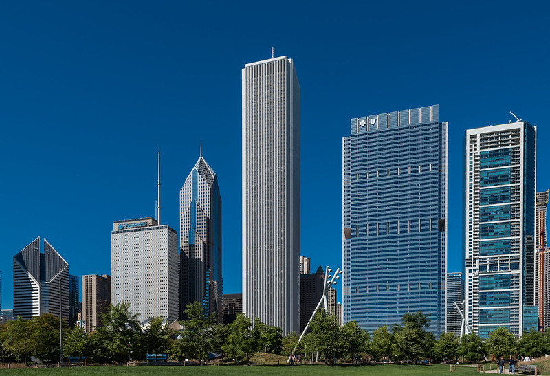 Aon Center Building and a clear blue sky